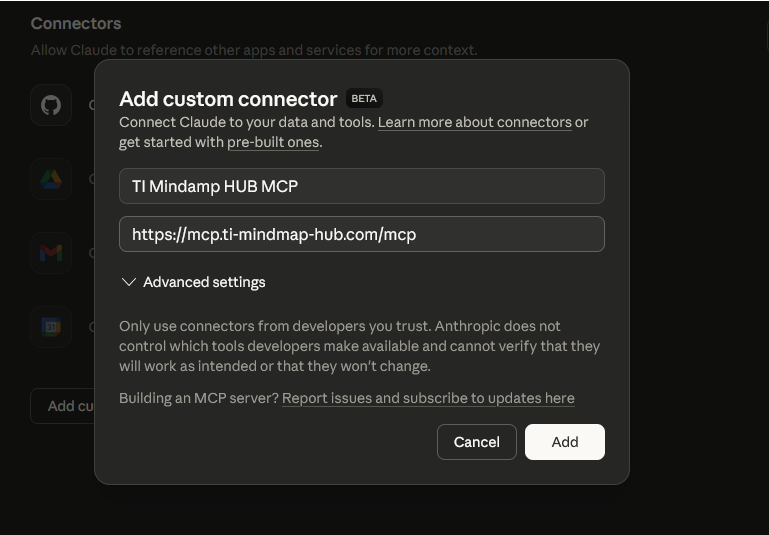 Add custom connector dialog with the TI Mindmap HUB MCP endpoint