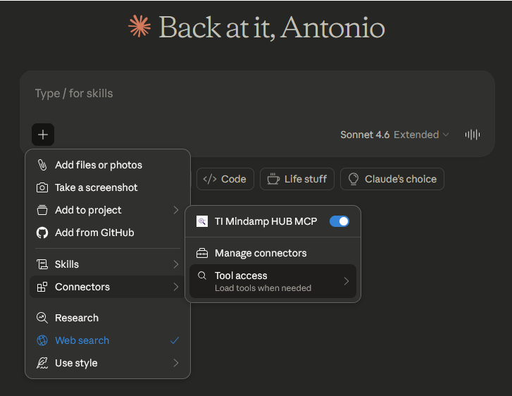 Connector toggle and tool access controls inside a Claude conversation