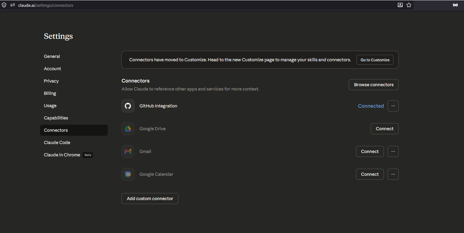 Claude connectors settings page with the custom connector entry point