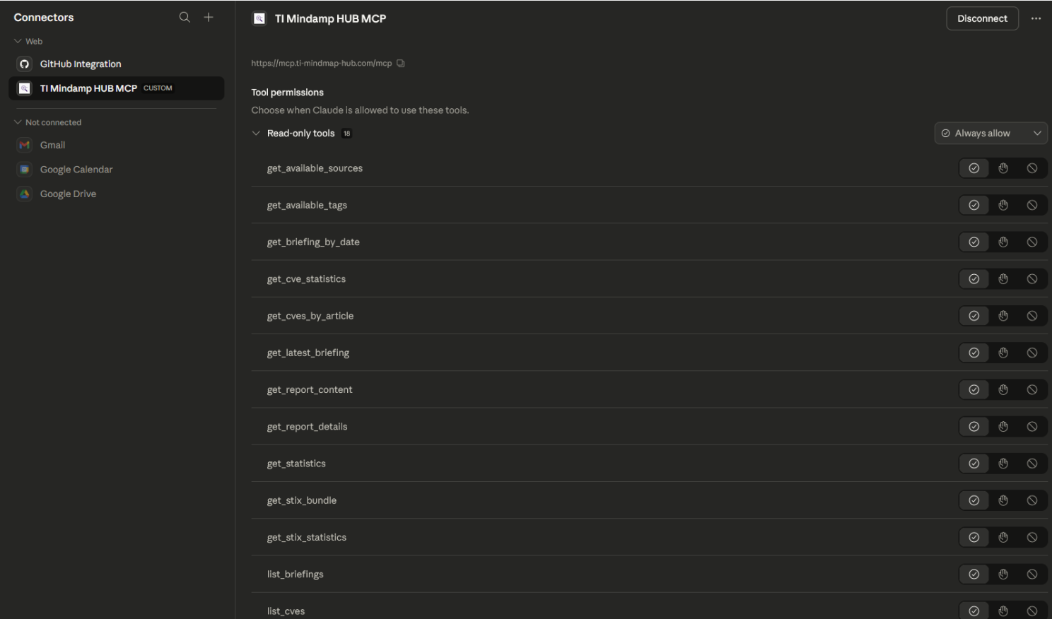 Tool permissions screen for the TI Mindmap HUB Claude connector
